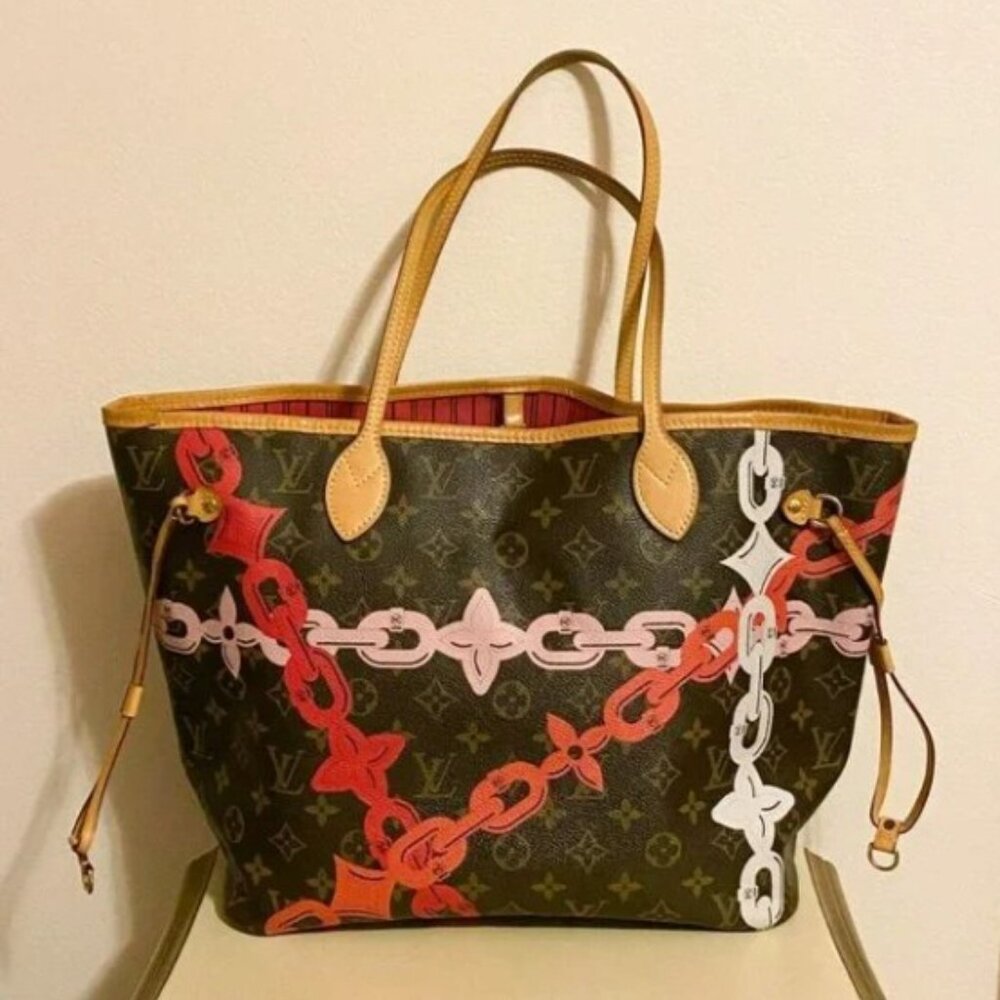 Louis Vuitton Neverfull MM Bag Bay Brown Pink Rose Ballerine Chain Tote Purse LV - Picture 3 of 13